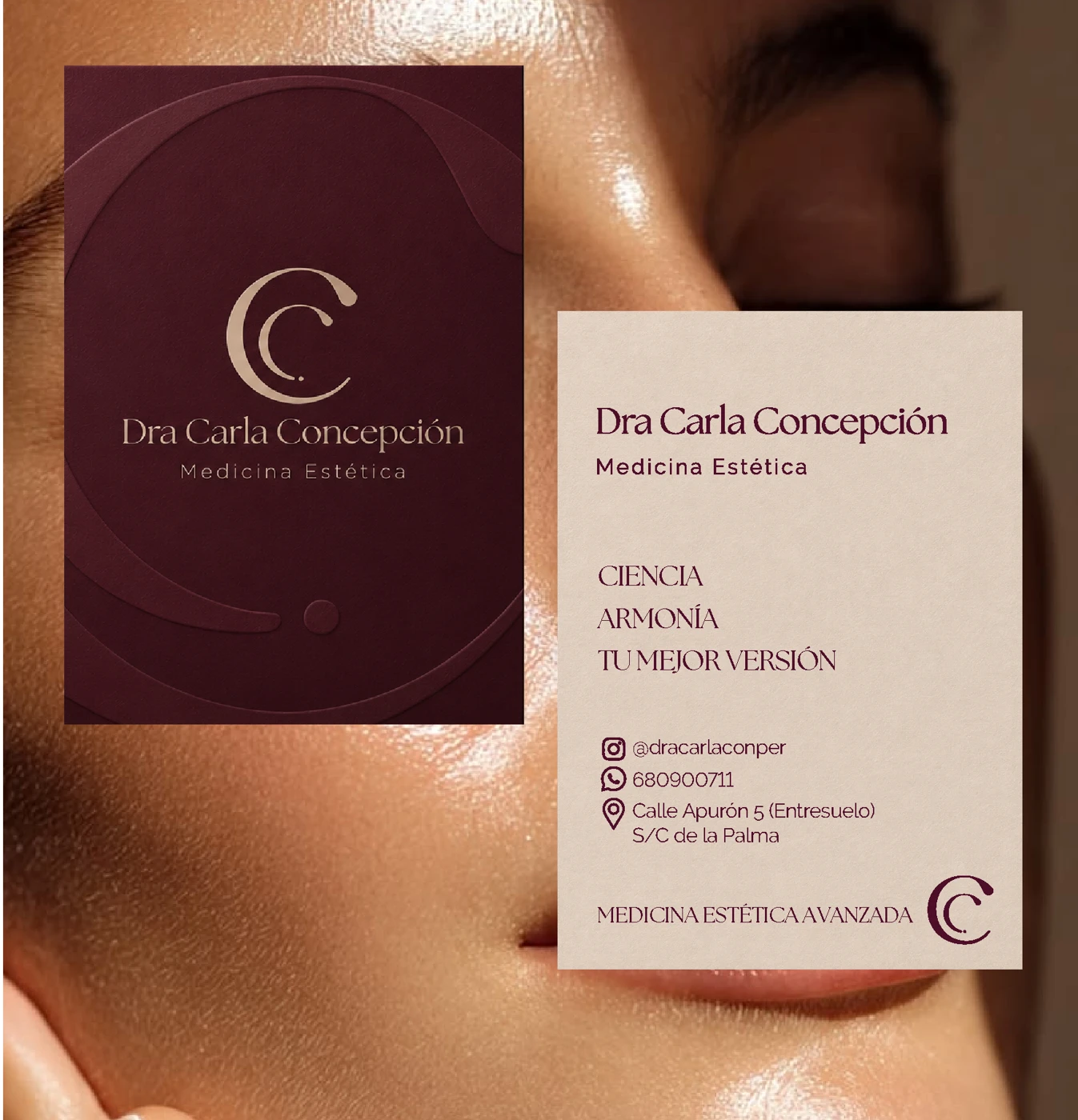 Identidad y tarjetas de la Dra. Carla Concepción, medicina estética